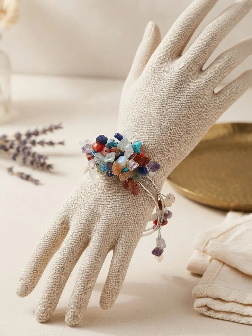 Handmade Multi-Stone Chip and Wire Cluster Cuff Bracelet - Women's Jewelry